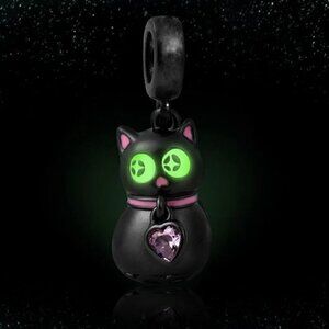 Sterling Silver Black Enamel Cat Charm Glow Eyes Pink Heart